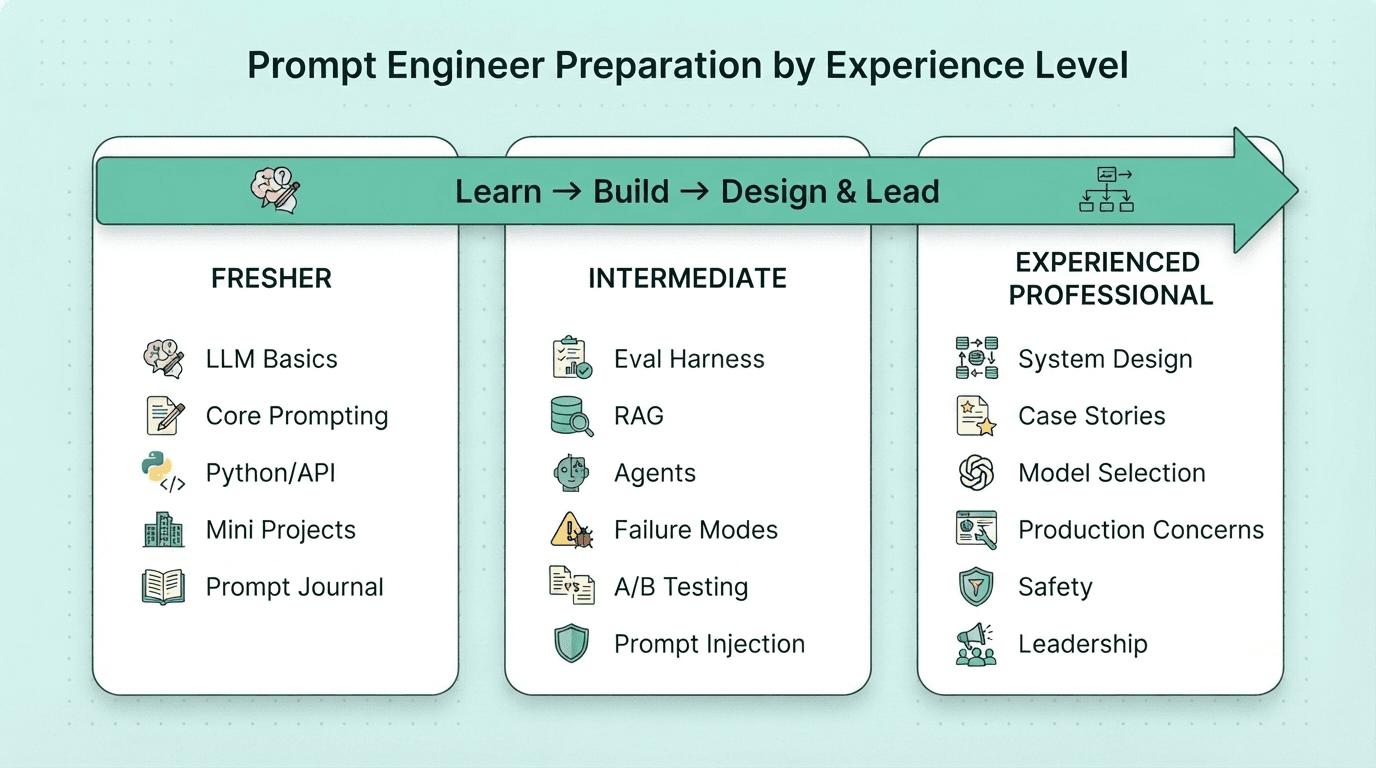 Prompt Engineer interview preparation roadmap for freshers, intermediate candidates, and experienced professionals.