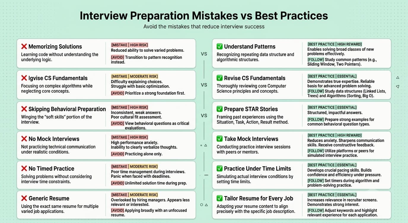 Comparison between common software engineer interview preparation mistakes and recommended best practices.