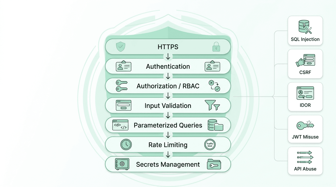 Create a clean minimal flat vector technical infographic for a blog about Top 100 Backend Developer Interview Questions.  Canvas size: EXACTLY 800 × 750 pixels.  Visual topic: Backend security and API protection.  Create a layered backend security architecture shaped like a clean protective stack.  Show the layers in this order:  HTTPS ↓ Authentication ↓ Authorization / RBAC ↓ Input Validation ↓ Parameterized Queries ↓ Rate Limiting ↓ Secrets Management  On the side, show compact threat cards:  SQL Injection CSRF IDOR JWT Misuse API Abuse  Use subtle shield and lock symbols only where useful.  Make the visual communicate the idea of defense in depth: multiple security layers protect the backend rather than relying on one mechanism.  Use a soft mint-green and white SaaS-style design with rounded white cards, subtle green accents, thin lines, minimal shadows, generous whitespace, and clean typography.  Style: modern SaaS security infographic, flat vector, professional, minimal, technical and educational.  Do not include hackers, people, dark cyberpunk imagery, computers, robots, stock images, 3D objects, or dramatic security imagery.  Do not make the design frightening or visually aggressive.  Use only short labels and keep the hierarchy extremely clear.