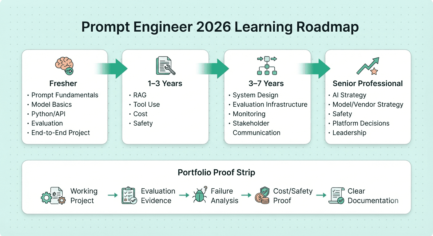 2026 Prompt Engineer learning roadmap from prompting fundamentals to AI systems, evaluation, safety, and production ownership.