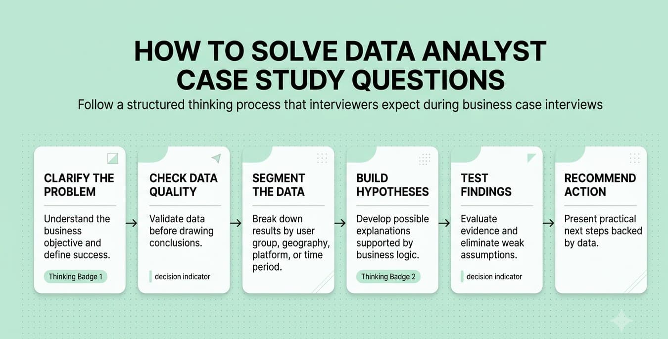 Step-by-step framework for answering data analyst business case interview questions.