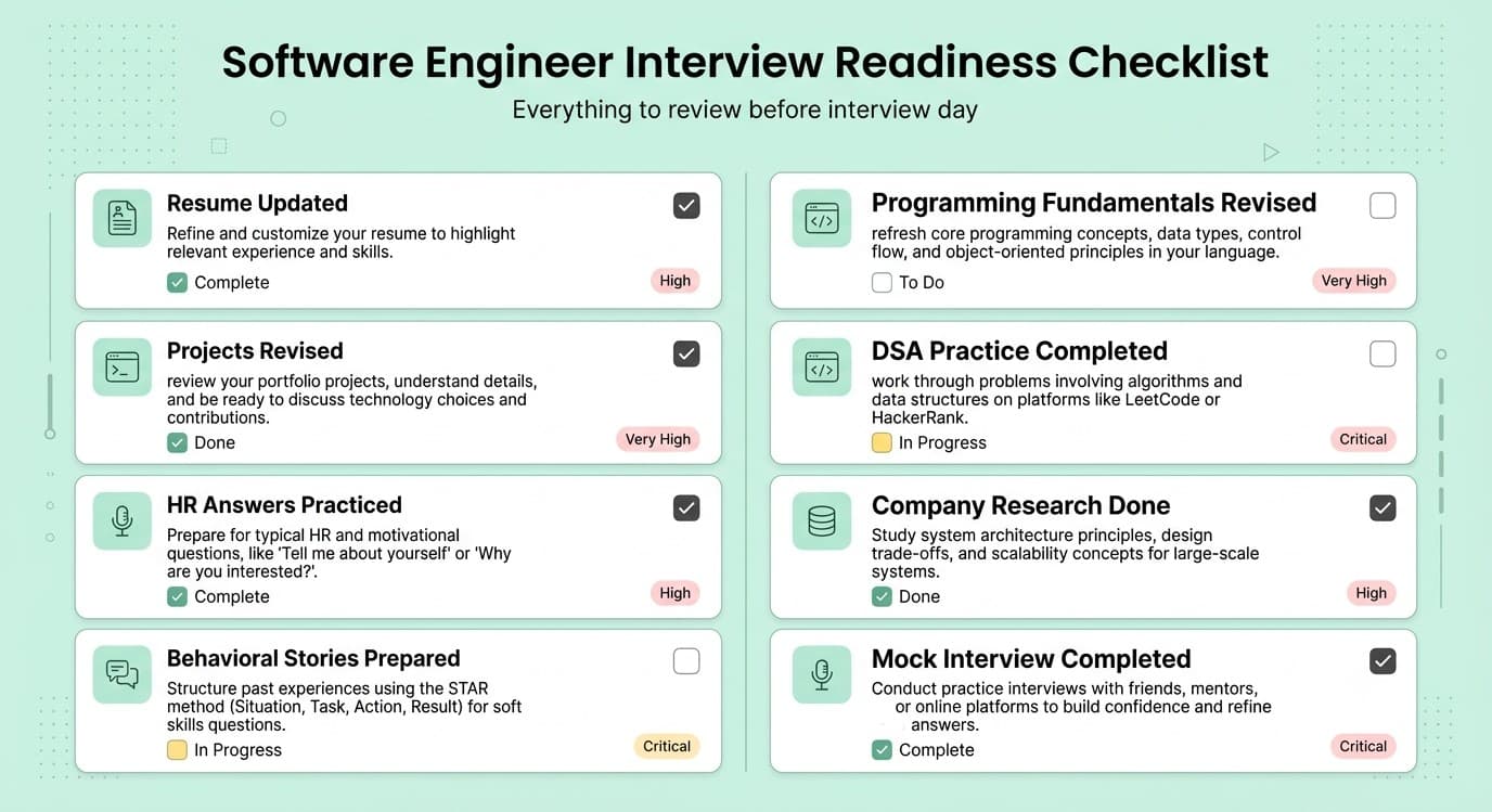 Final software engineer interview checklist covering HR answers, DSA, technical concepts, system design, projects and mock interviews