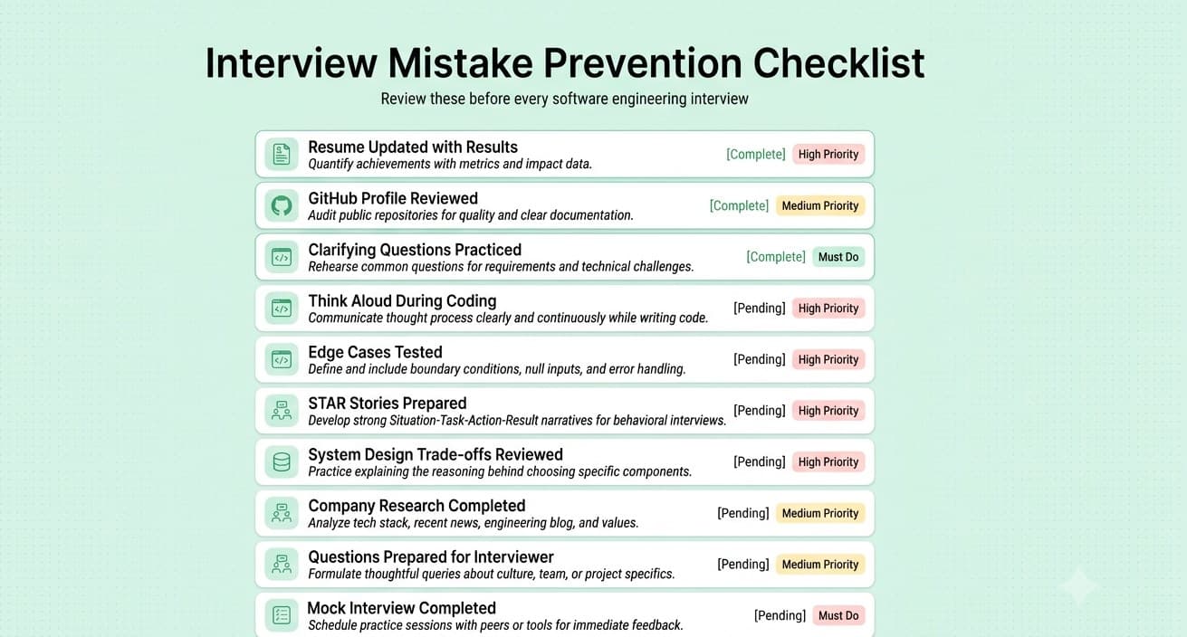 Final software engineer interview checklist covering resume, GitHub, coding practice, STAR stories, system design, company research and mock interviews.