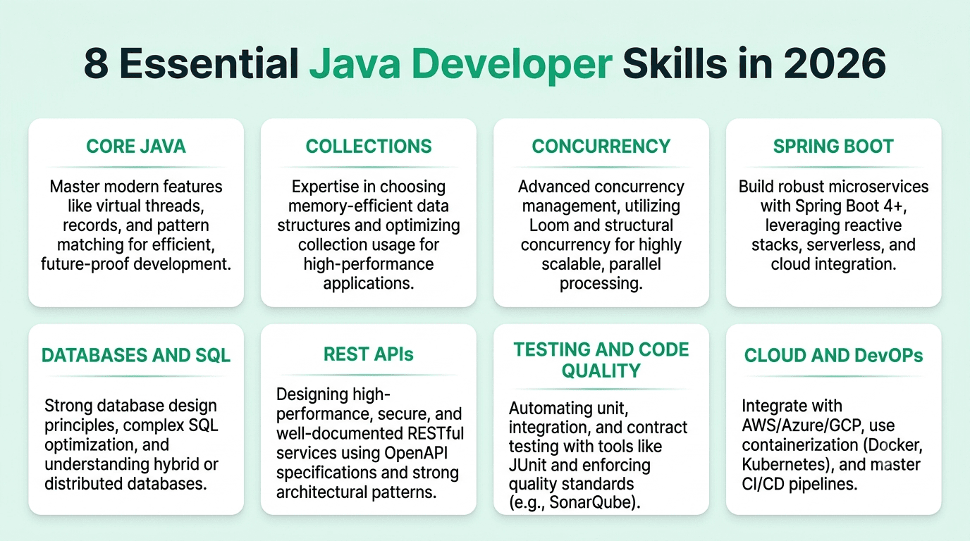 Eight essential Java developer skills recruiters look for in 2026, including core Java, problem-solving, backend development, testing, and communication.