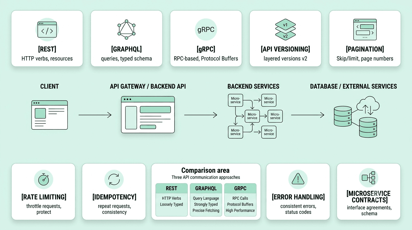 Backend API architecture showing REST, GraphQL, gRPC, authentication, pagination, and rate limiting