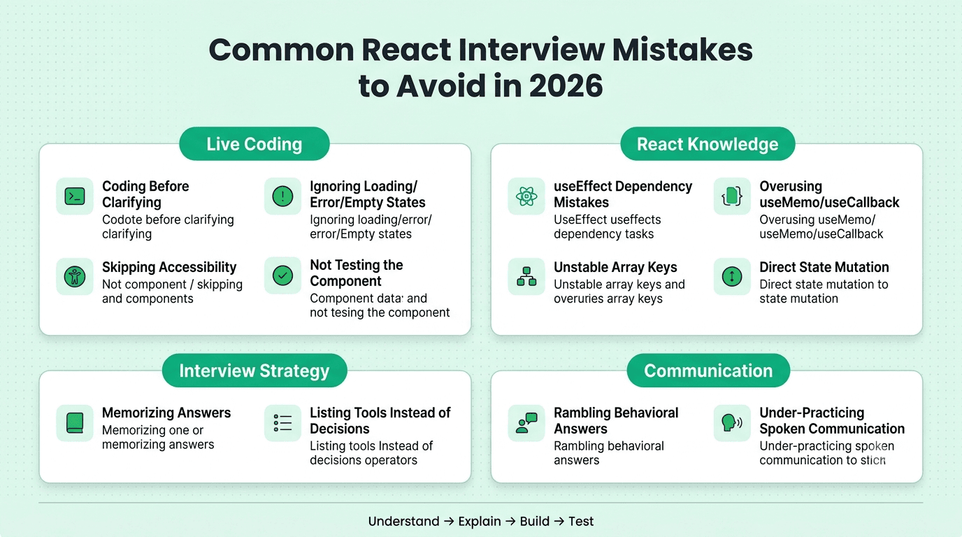 Common React interview mistakes including coding too early, hook errors, over-optimization, accessibility issues, and poor communication.