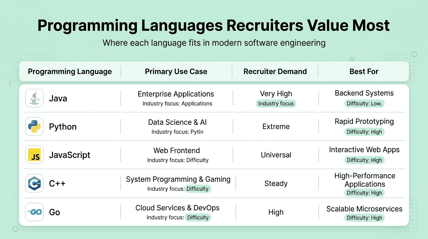 Comparison of Java, Python, JavaScript, C++, and Go with use cases, recruiter demand, and ideal career paths.