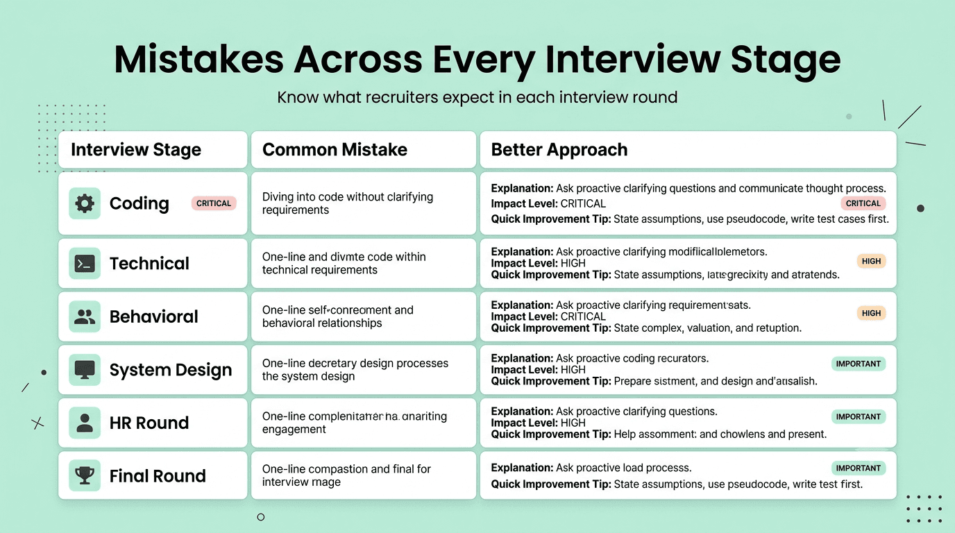 Comparison of common mistakes across technical, behavioral, system design, HR and coding interviews with recommended fixes.