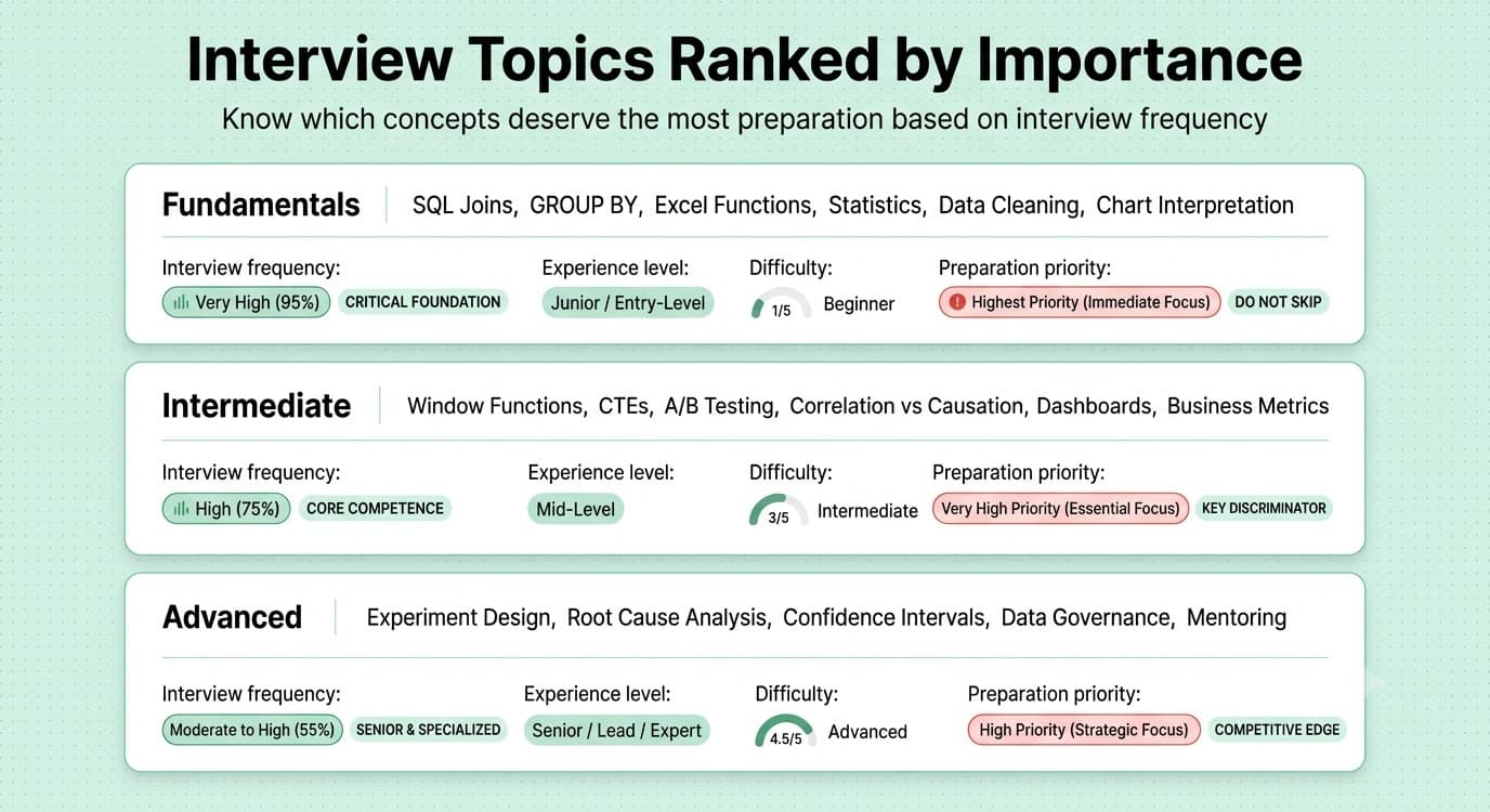 Data analyst interview topics organized by importance and experience level.