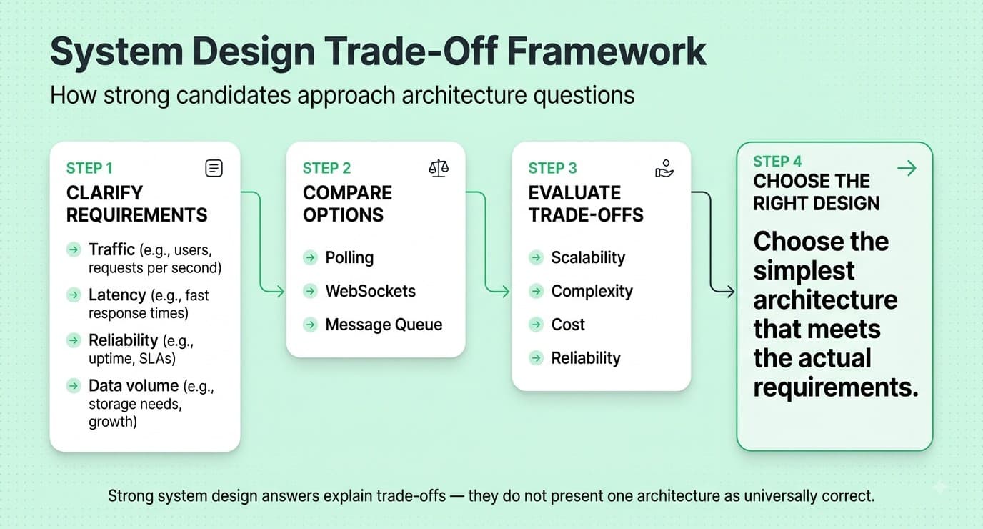 System design interview framework showing requirements architecture options scalability complexity cost and tradeoffs