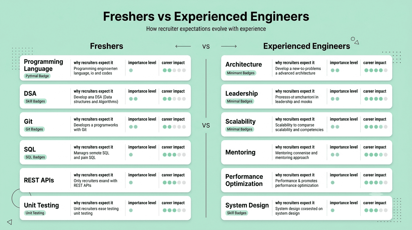 Comparison of software engineering skills expected from freshers and experienced engineers