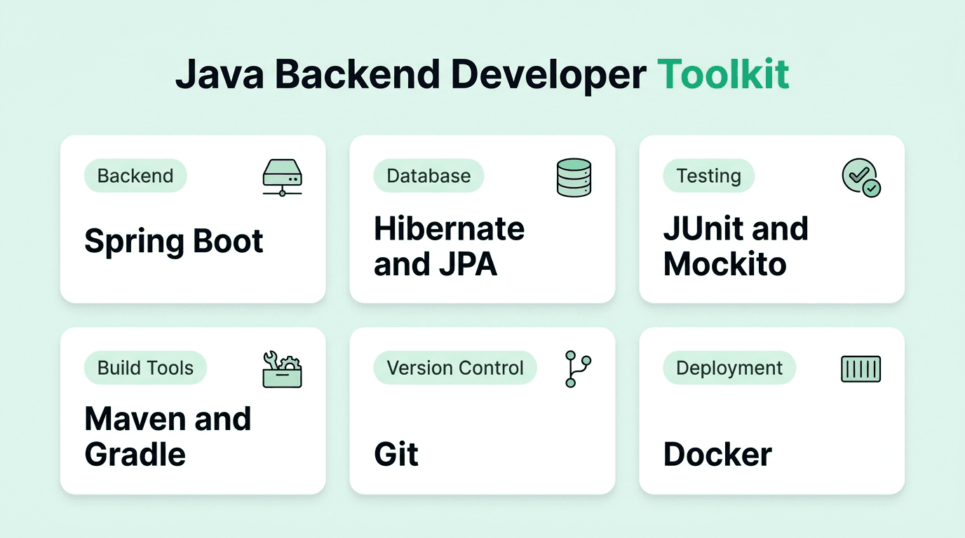 Java backend development toolkit featuring Spring Boot, databases, testing frameworks, build tools, and version control.