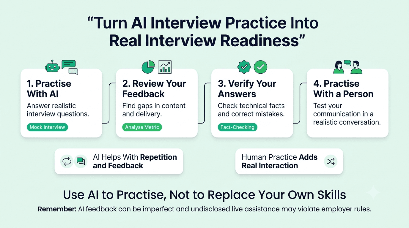 AI interview practice workflow showing repeated practice, feedback review, technical fact-checking, and final preparation with a human interviewer.