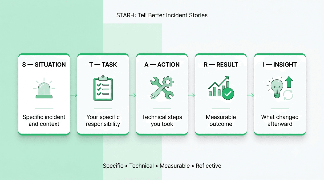 STAR-I framework for DevOps incident interview stories covering situation, task, action, result, and insight.