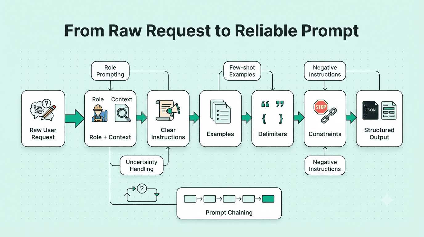 Prompt design workflow showing context, instructions, examples, constraints, and structured output.
