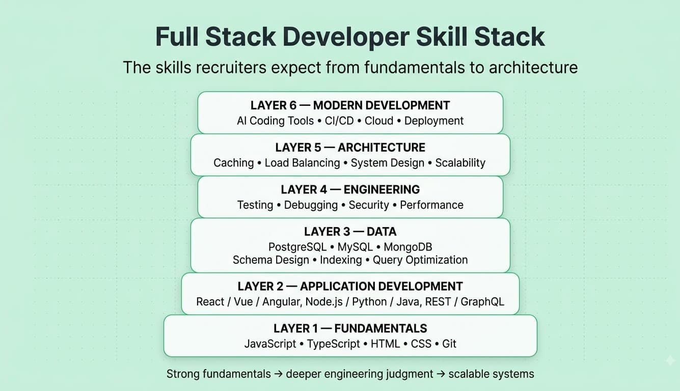 Full stack developer skill stack showing fundamentals frontend backend databases engineering architecture and modern development skills