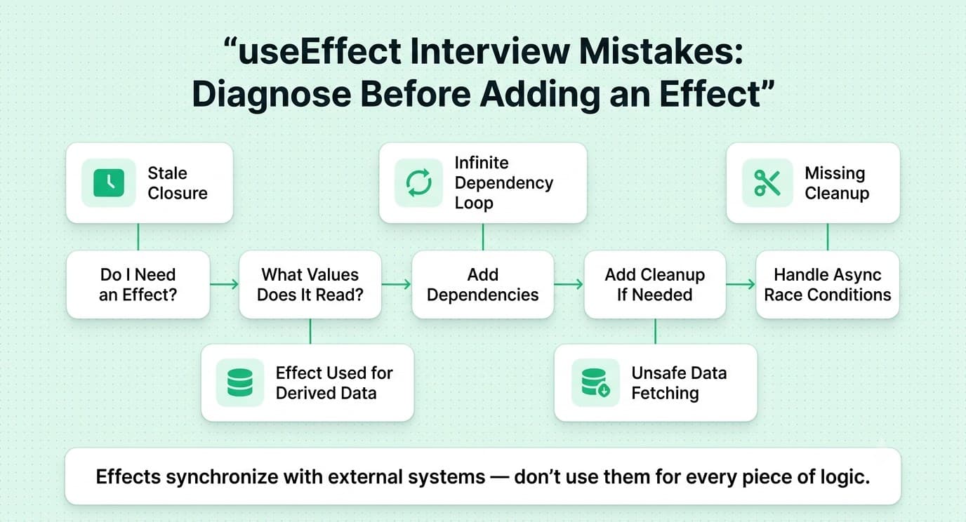 Common React useEffect mistakes including stale closures, dependency loops, missing cleanup, and unnecessary effects.