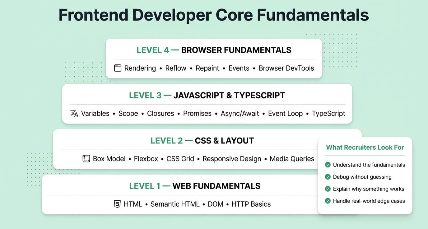 Frontend developer core skills including JavaScript TypeScript CSS and frameworks