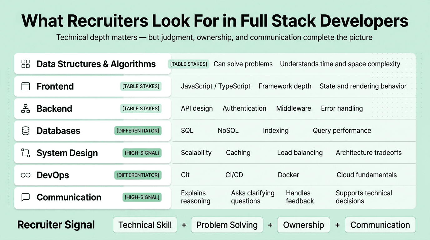 Full Stack Developer recruiter evaluation matrix covering DSA, frontend, backend, databases, system design, DevOps, and communication.