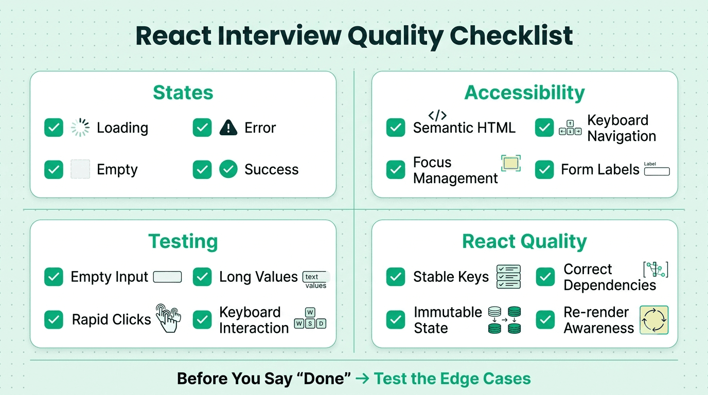 React interview quality checklist covering accessibility, testing, edge cases, and component validation.