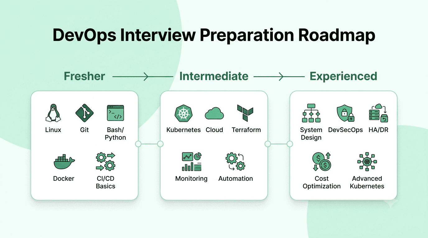DevOps interview preparation roadmap for freshers, intermediate, and experienced engineers