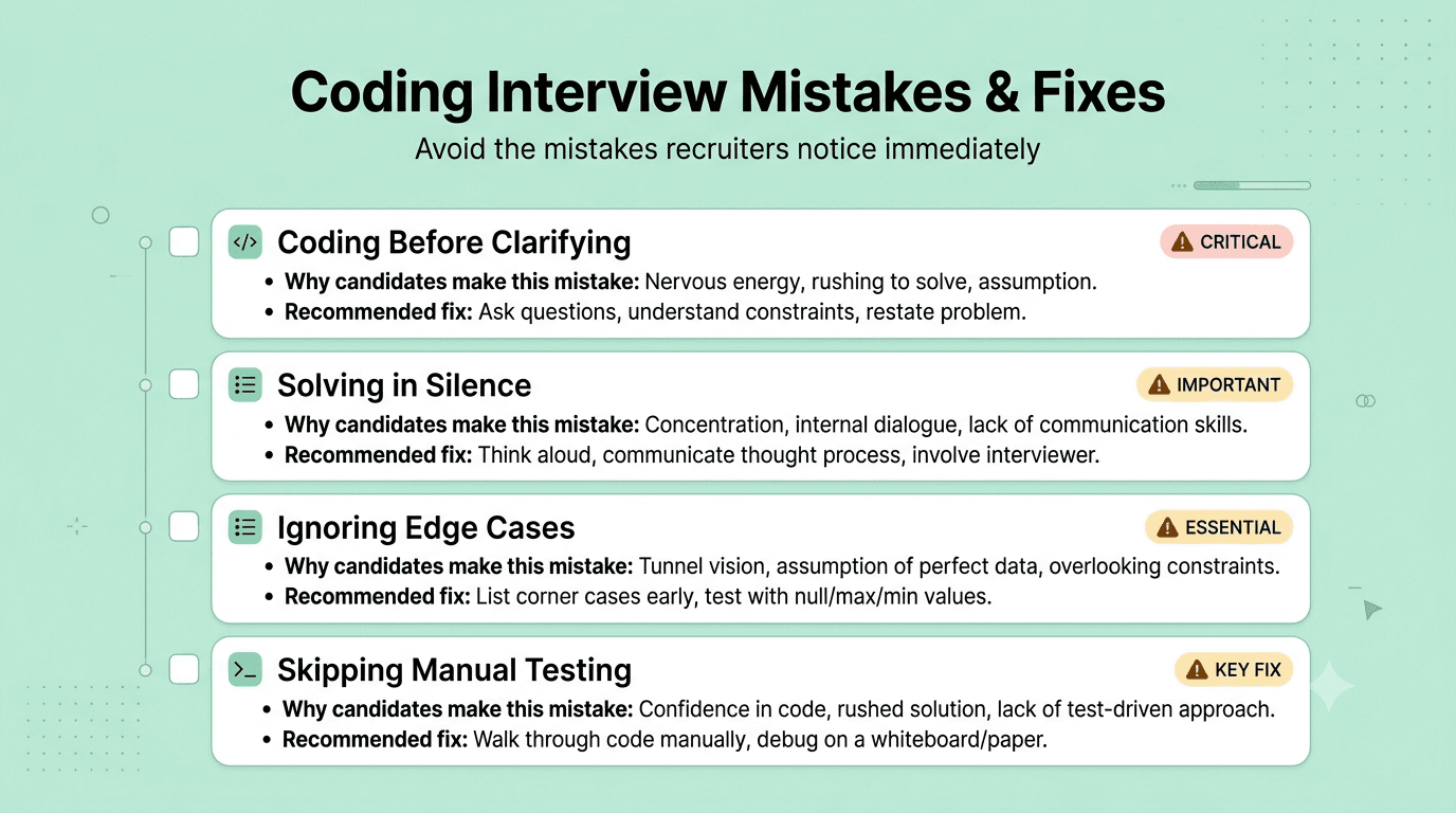 Coding interview mistakes and fixes including clarifying requirements, thinking aloud, testing edge cases, and validating solutions.