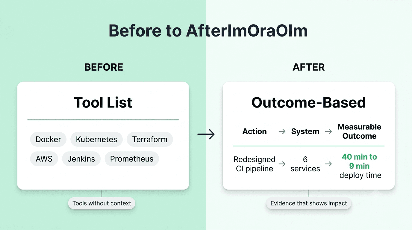 DevOps resume comparison showing the difference between listing tools and demonstrating measurable outcomes.”