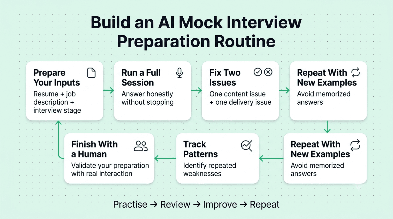 Six-step AI mock interview preparation routine covering resume and job description preparation, practice, feedback, repetition, tracking, and human review.