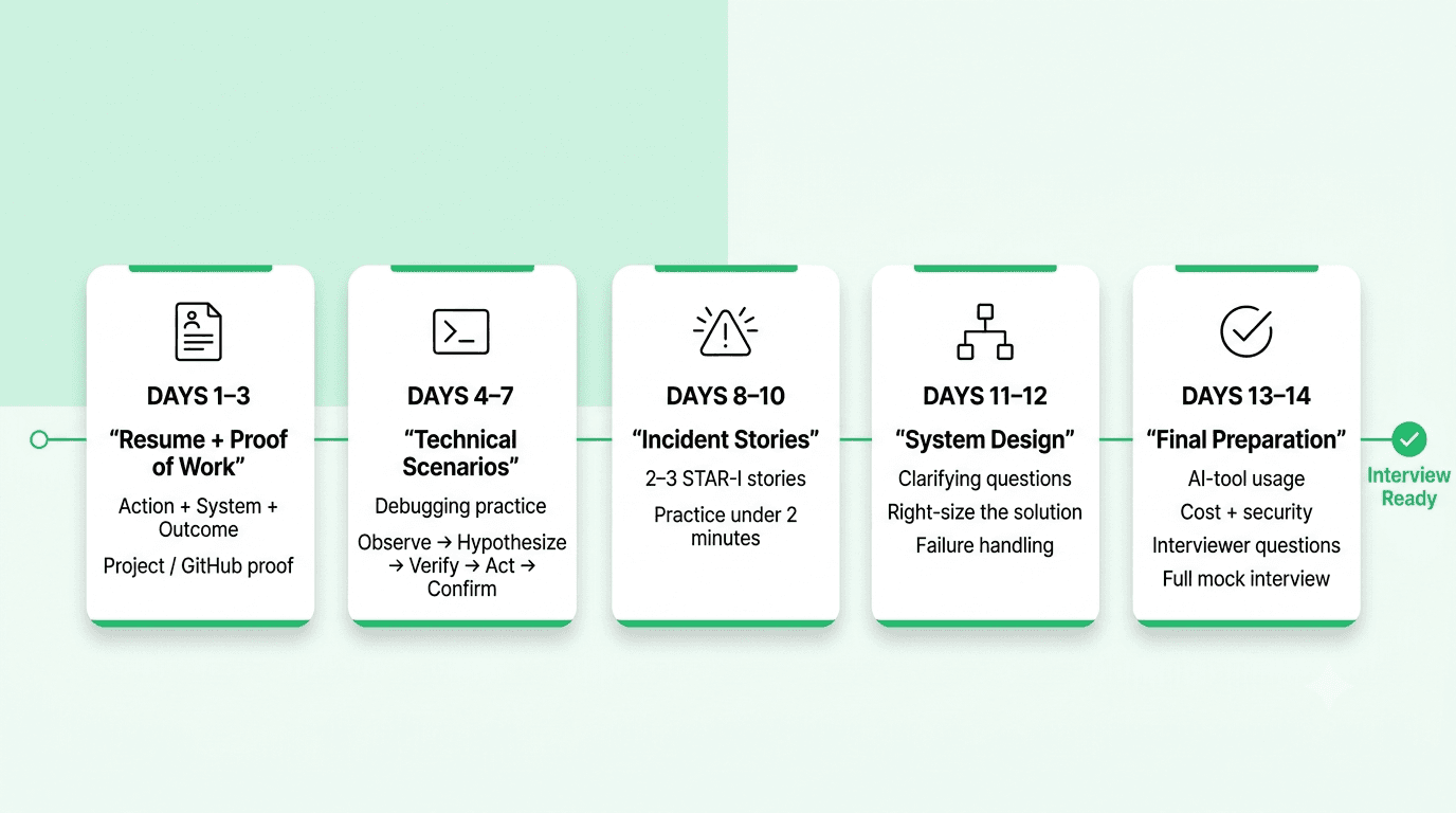 Two-week DevOps interview preparation plan covering resume improvement, technical scenarios, incident stories, system design, and final mock interview practice.