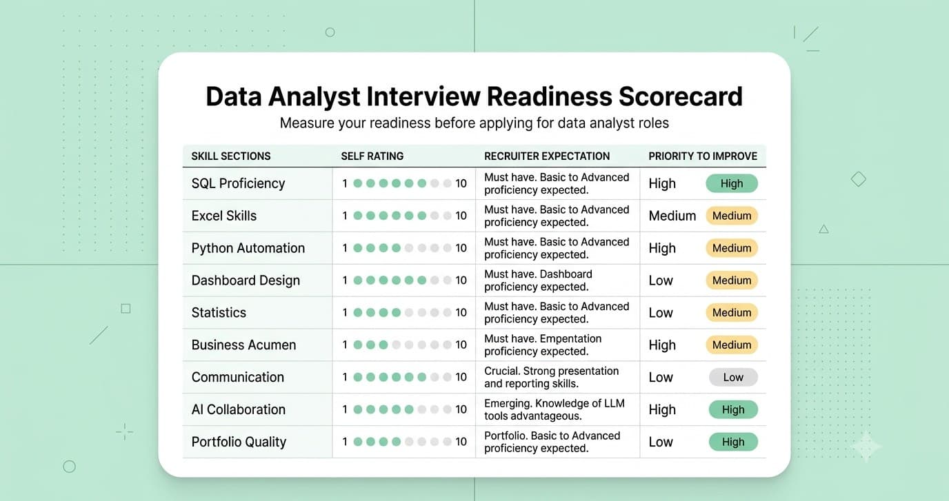 Self-assessment scorecard for measuring readiness for a data analyst interview.