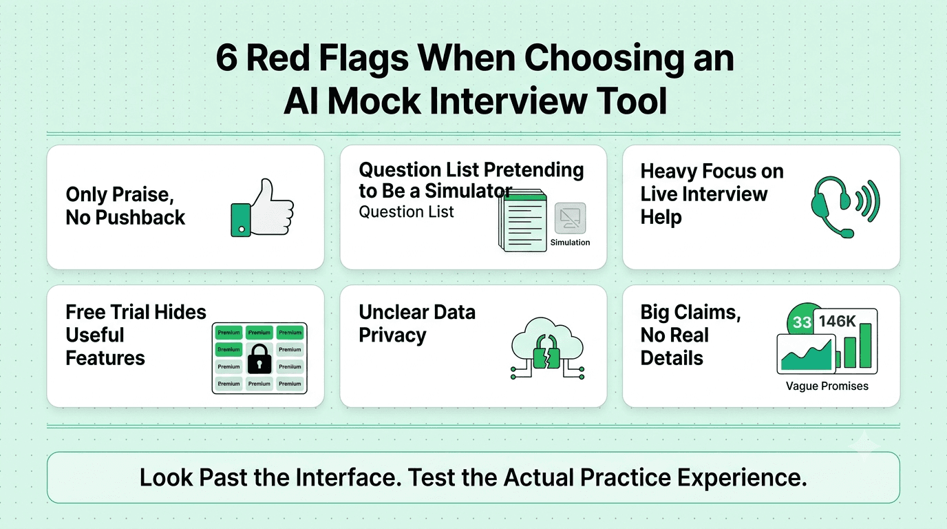 Red flags when choosing an AI mock interview tool, including generic praise, question lists, hidden free trials, unclear privacy, and exaggerated claims.