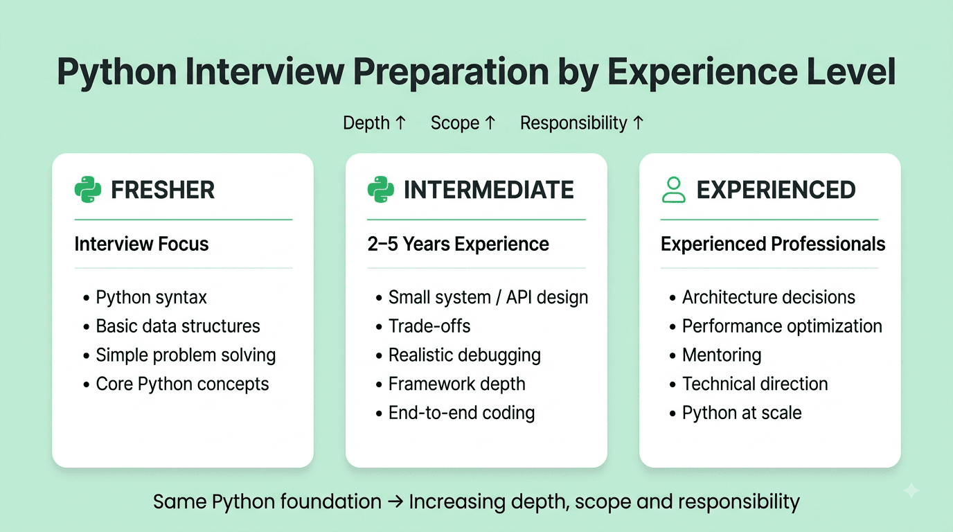 Python interview topics organized by fundamentals, intermediate concepts, advanced concepts, and scenario-based preparation