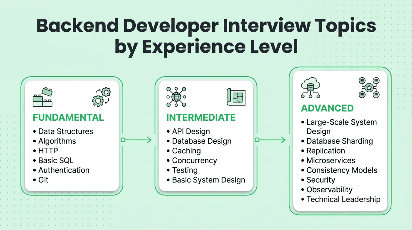 Backend interview topics organized by fresher, intermediate, and senior level including algorithms, APIs, databases, caching, concurrency, system design, security, and observability