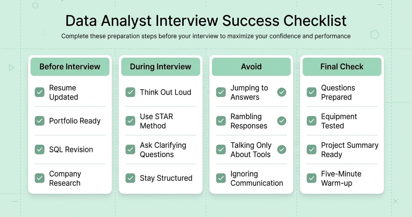 Final checklist to prepare confidently for a data analyst interview.