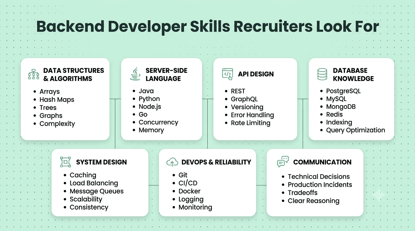 Backend developer skills recruiters look for including algorithms, server-side languages, API design, databases, system design, DevOps, and communication