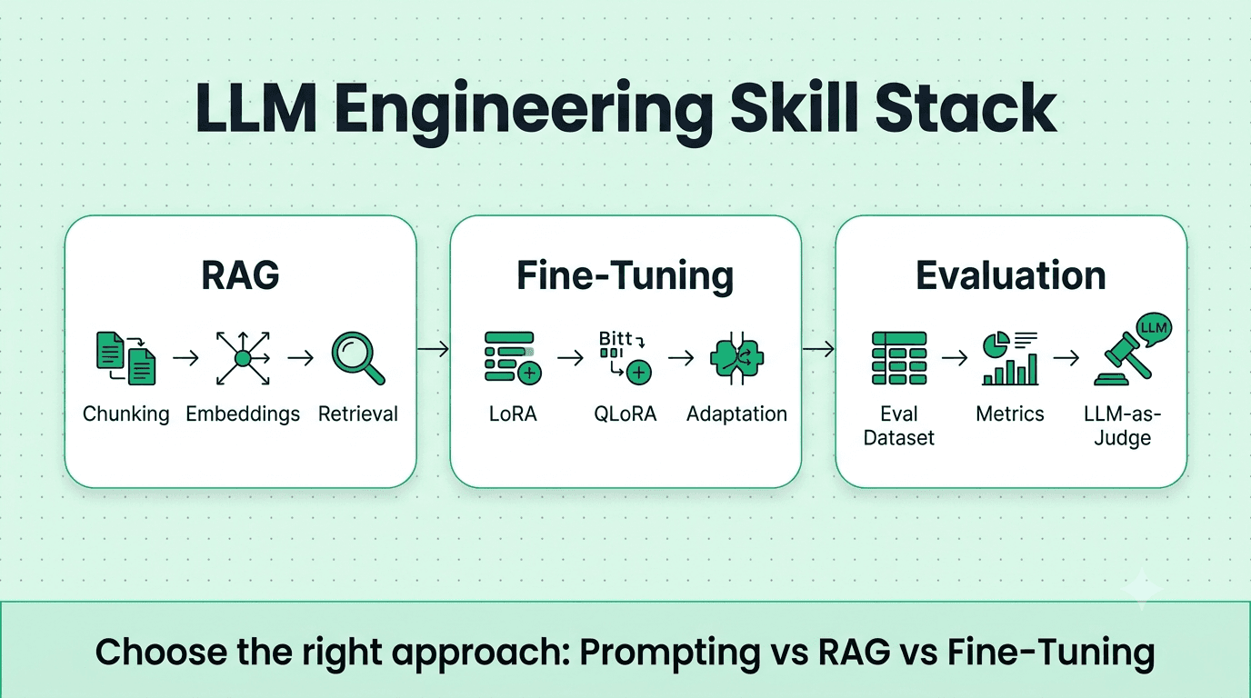 LLM engineering skills including RAG fine-tuning and evaluation
