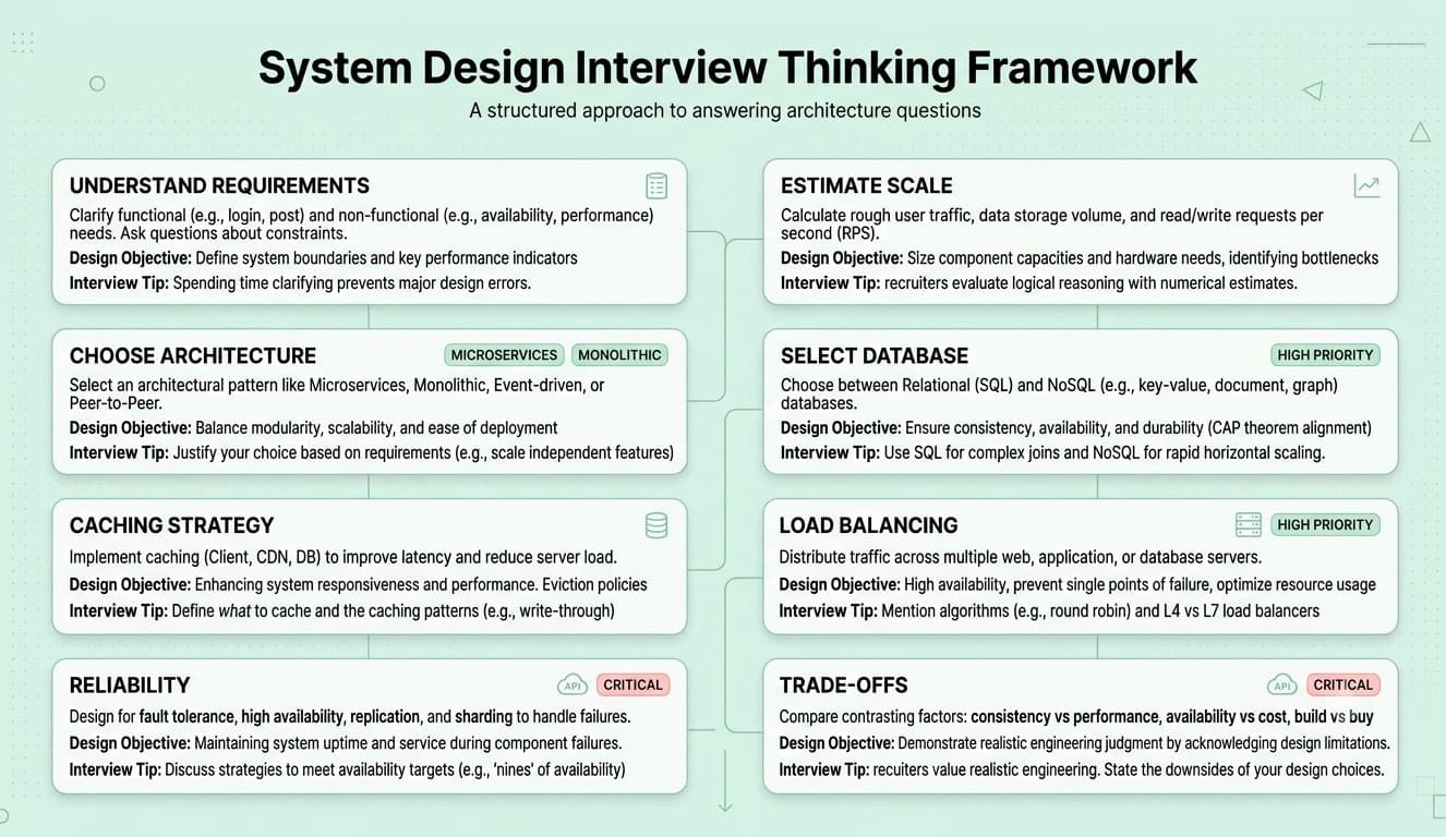 System design interview framework showing requirements, architecture, database, scaling, caching and reliability.