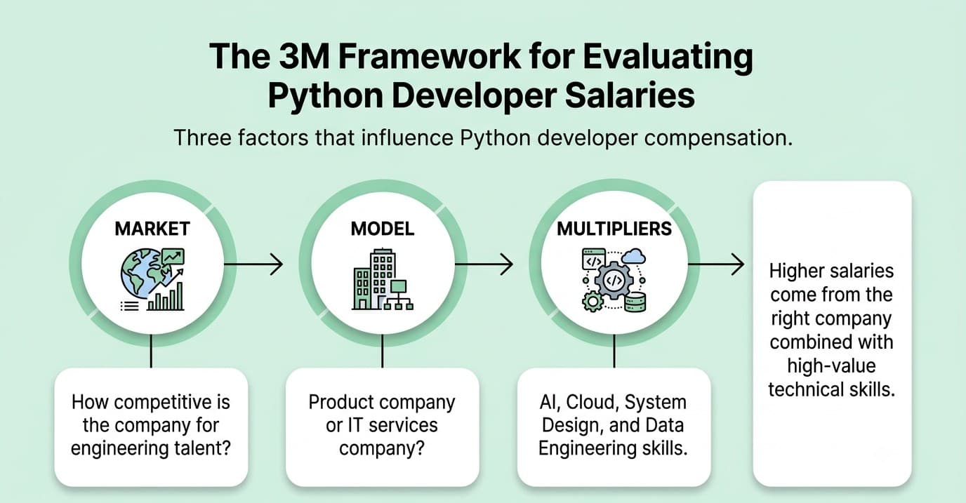 3M framework showing Market, Model, and Multipliers that influence Python developer salaries