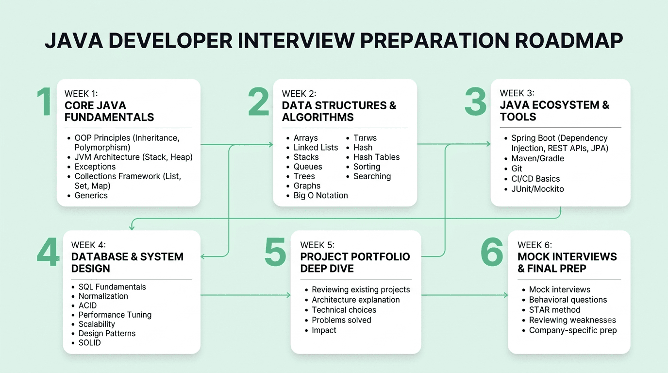 Six-week Java developer interview preparation roadmap covering core concepts, coding practice, backend development, mock interviews, and revision.