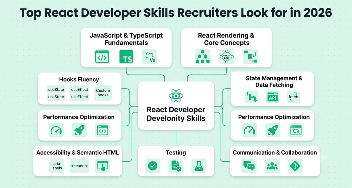 Top React developer skills recruiters look for in 2026 including JavaScript, React, hooks, state management, performance, accessibility, testing, and communication.