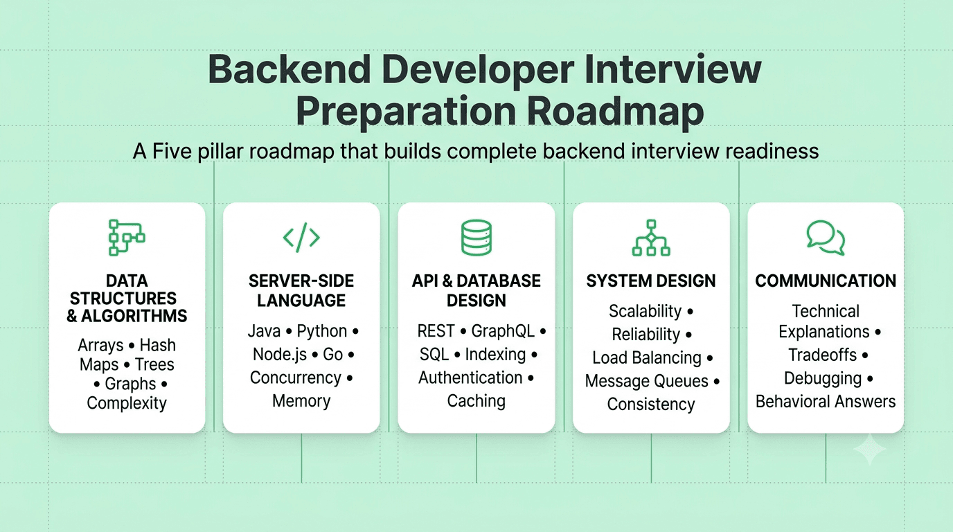 Backend developer interview preparation roadmap showing coding, database, API, system design, and behavioral interview stages