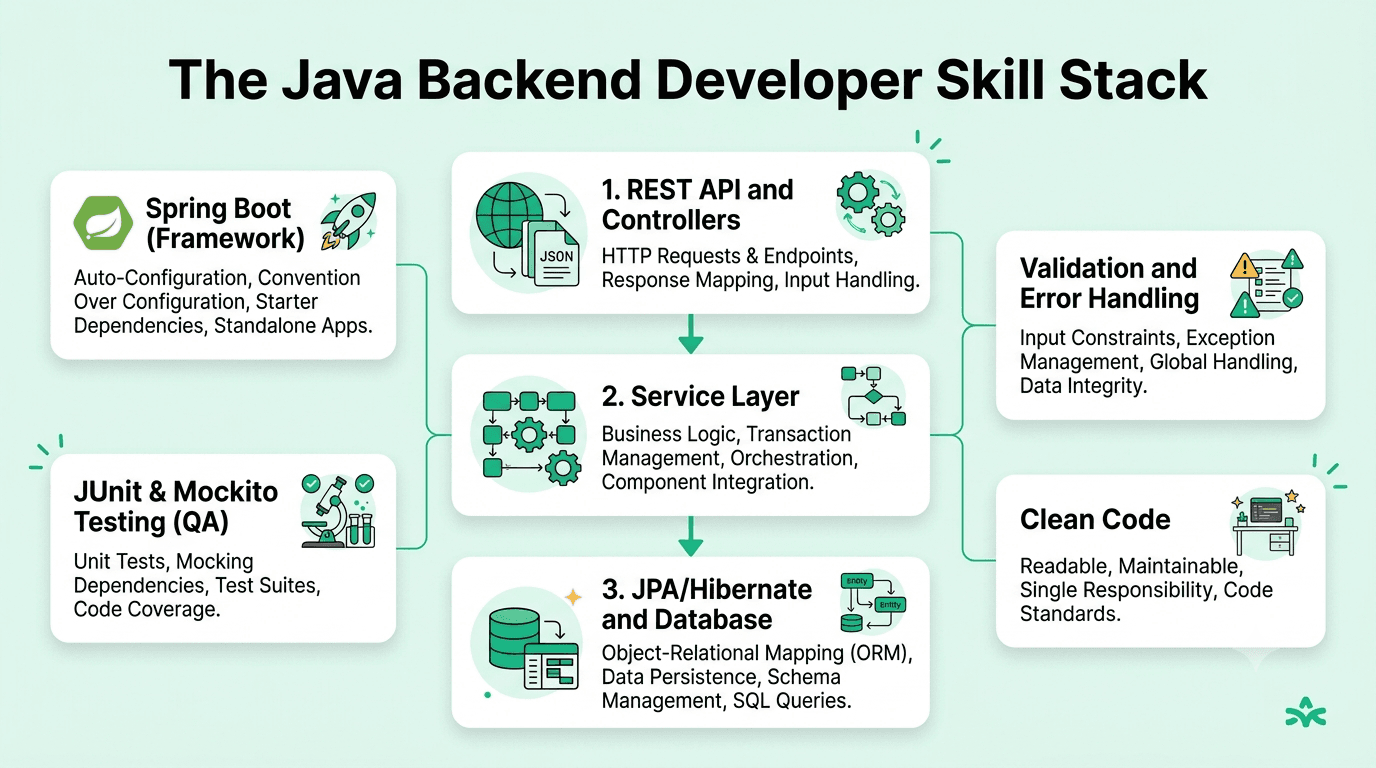 Java backend developer skill stack covering Spring Boot, REST APIs, databases, automated testing, and application architecture.
