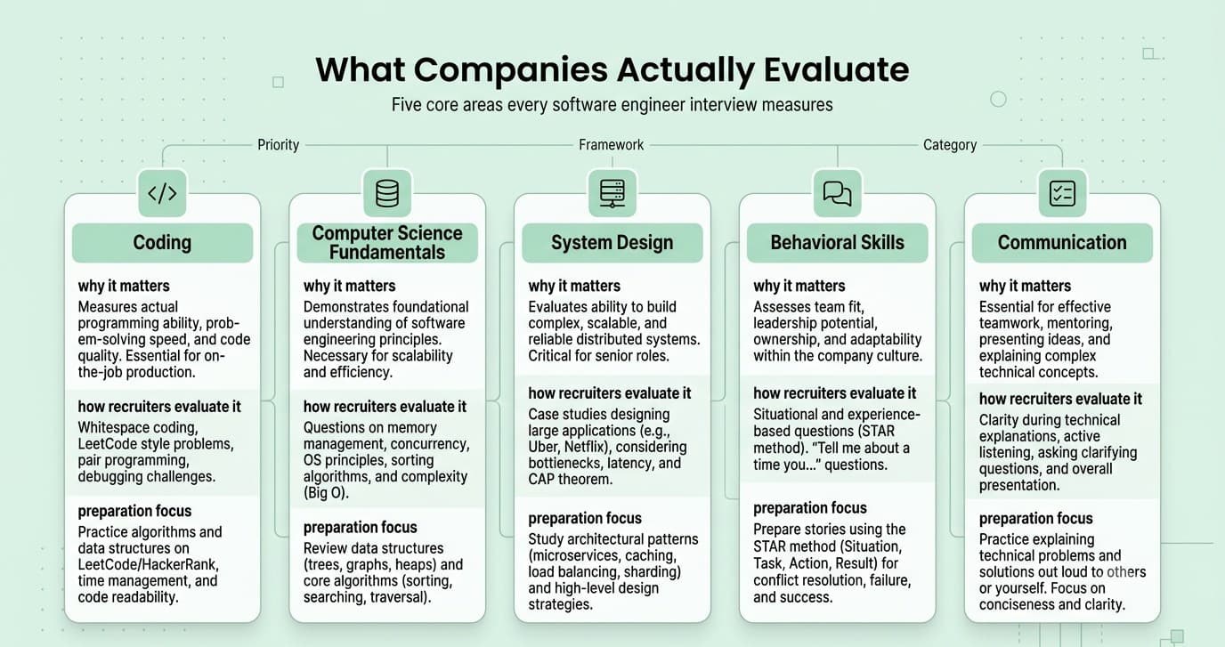 Framework showing the five core areas companies evaluate during software engineer interviews.