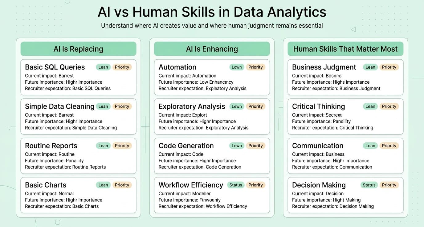 Framework showing which data analyst skills AI is replacing, enhancing, and where human judgment remains essential.