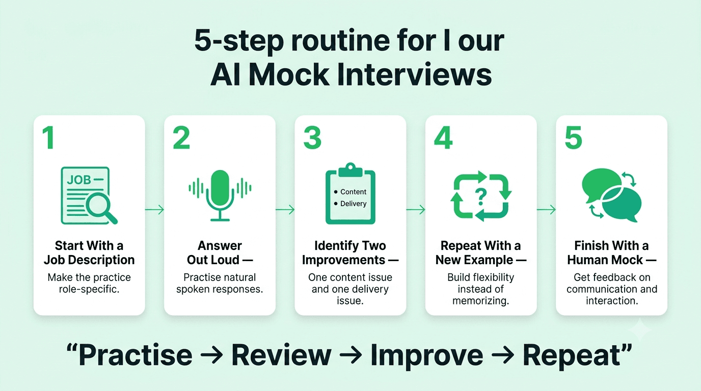 Five-step AI mock interview routine covering job description analysis, spoken answers, targeted feedback, repeated practice, and a final human mock interview.