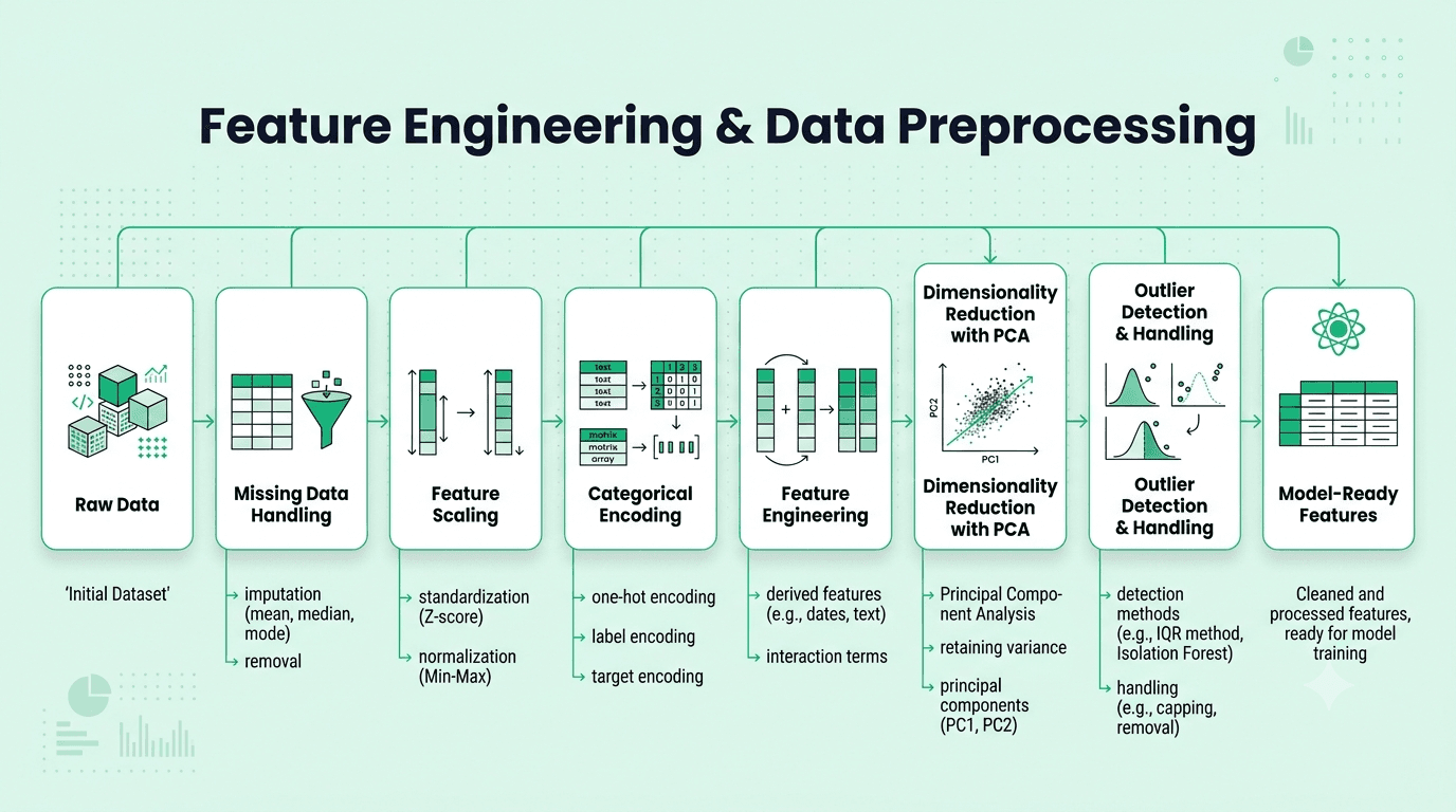 Machine learning data preprocessing workflow covering missing data, feature scaling, categorical encoding, feature engineering, PCA, and outlier handling
