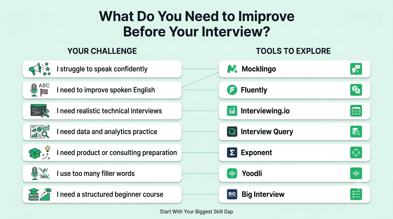 Interview preparation guide matching common candidate challenges with relevant AI mock interview and communication practice tools.