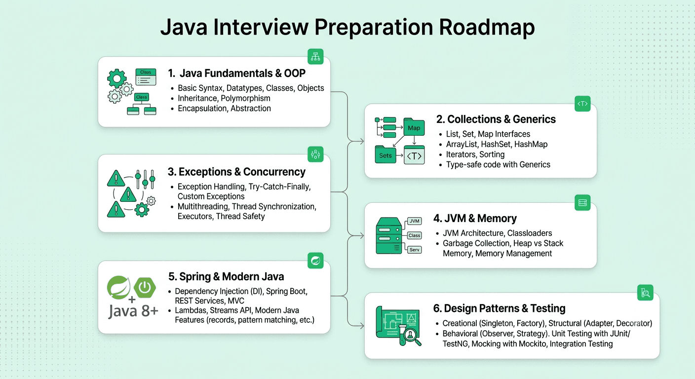 Java developer interview preparation roadmap covering core Java, OOP, collections, concurrency, JVM, and Spring Boot