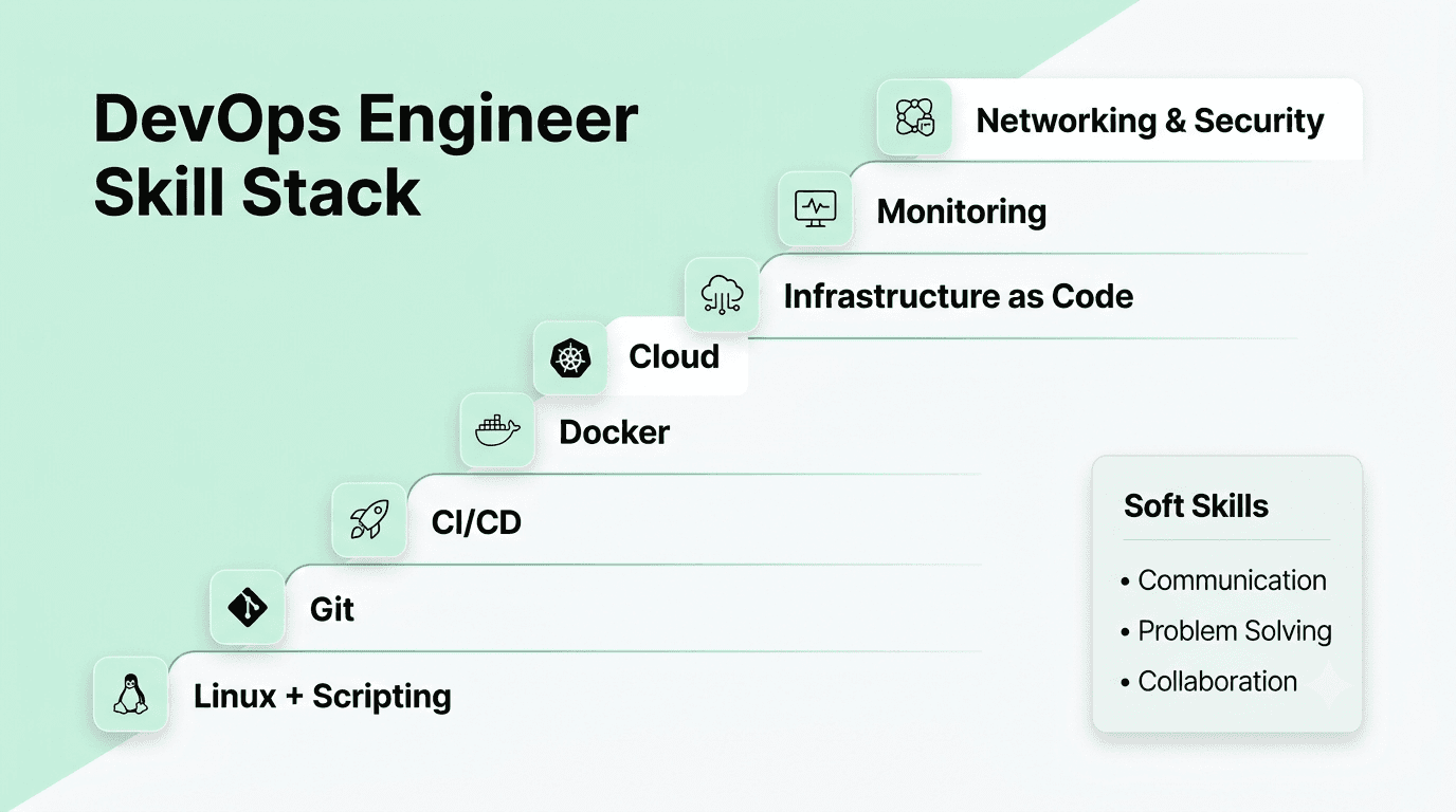 DevOps engineer skill stack covering Linux, CI/CD, Docker, Kubernetes, cloud, and infrastructure as code