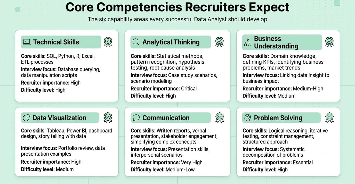 Core competencies recruiters expect from Data Analyst candidates.